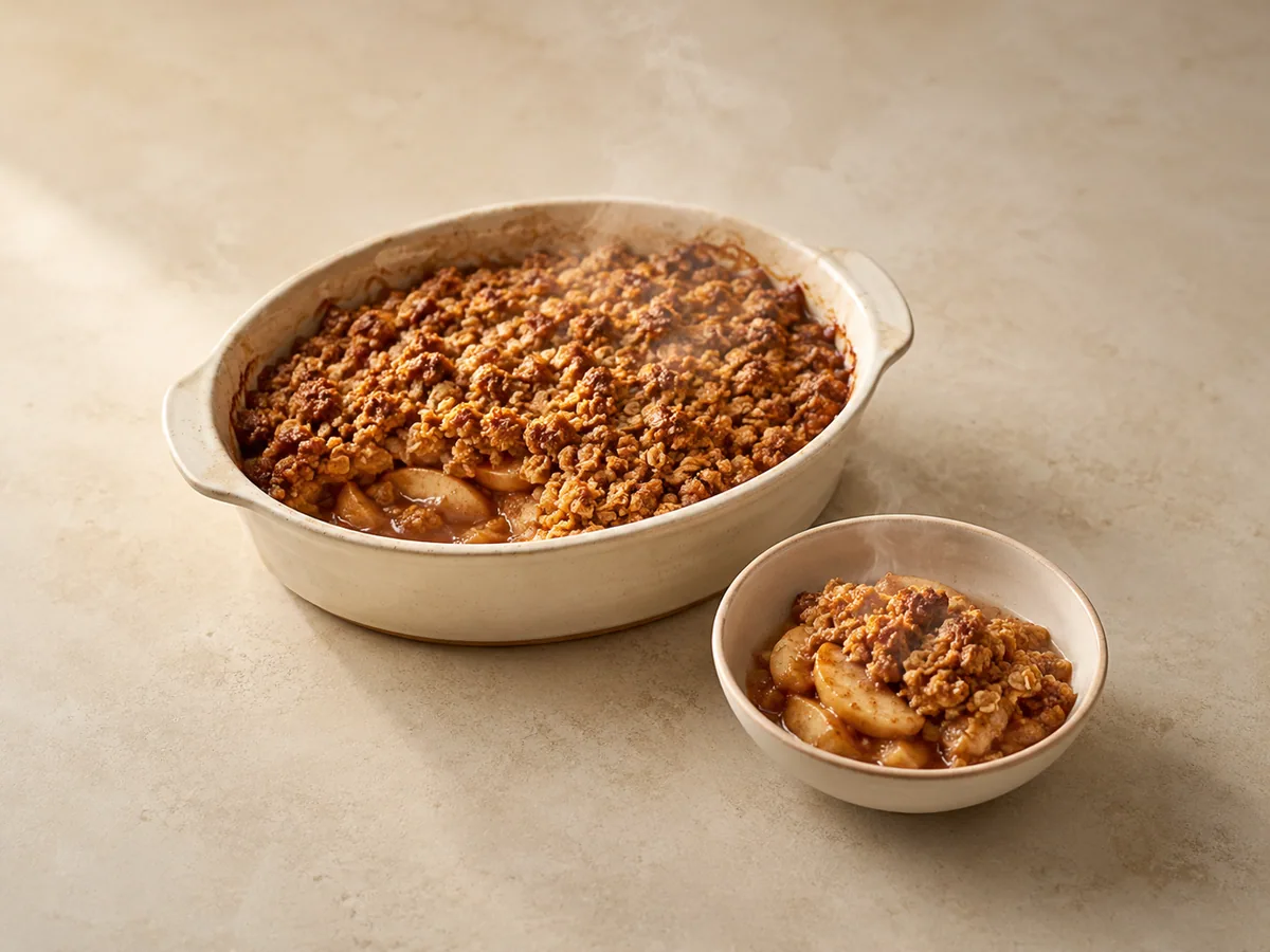 Crujiente tibio de manzana con canela, cubierta dorada de avena y helado de vainilla