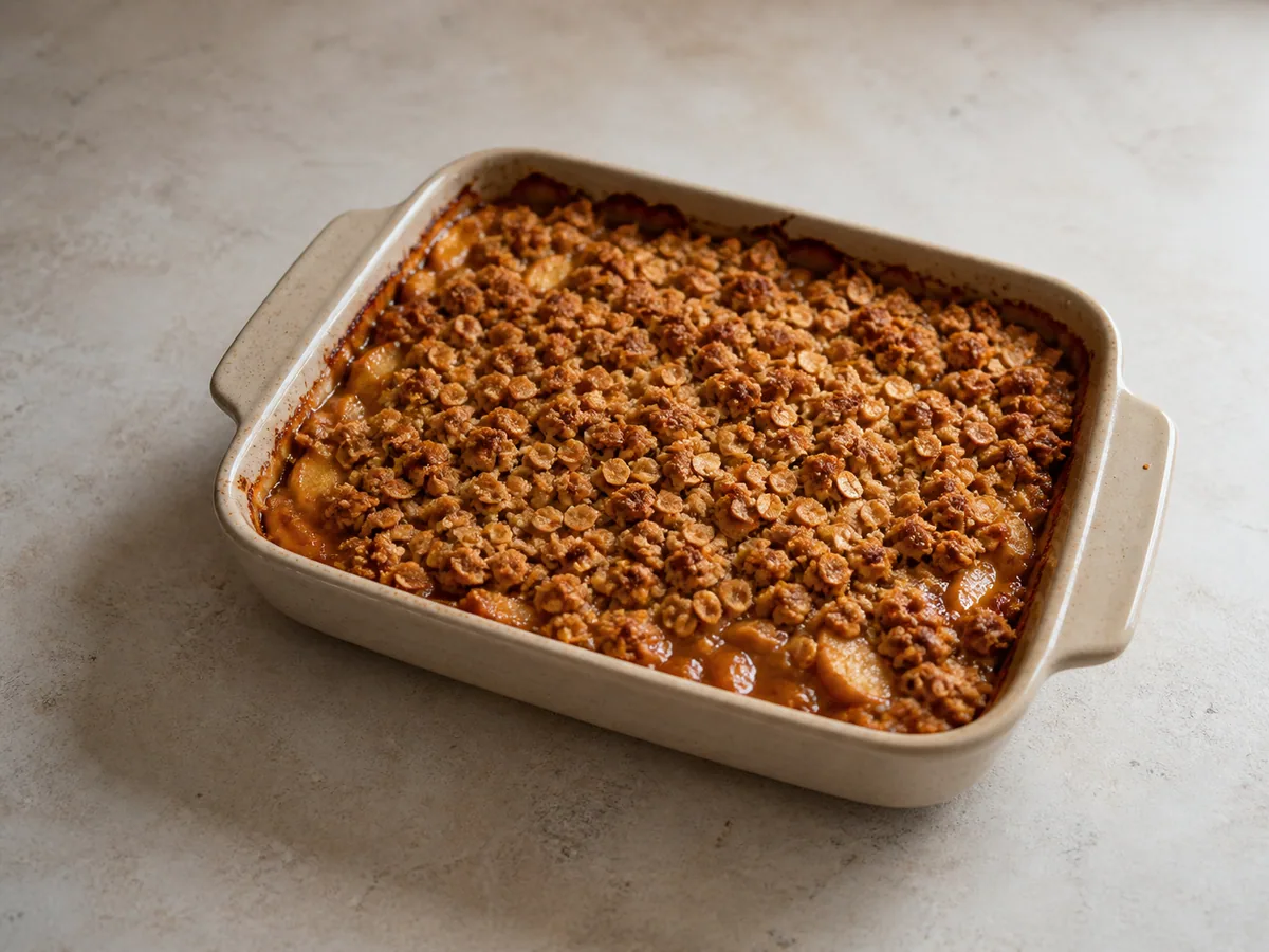 Deeply dourado maçã crisp bubbling in the baking dish at the end of baking