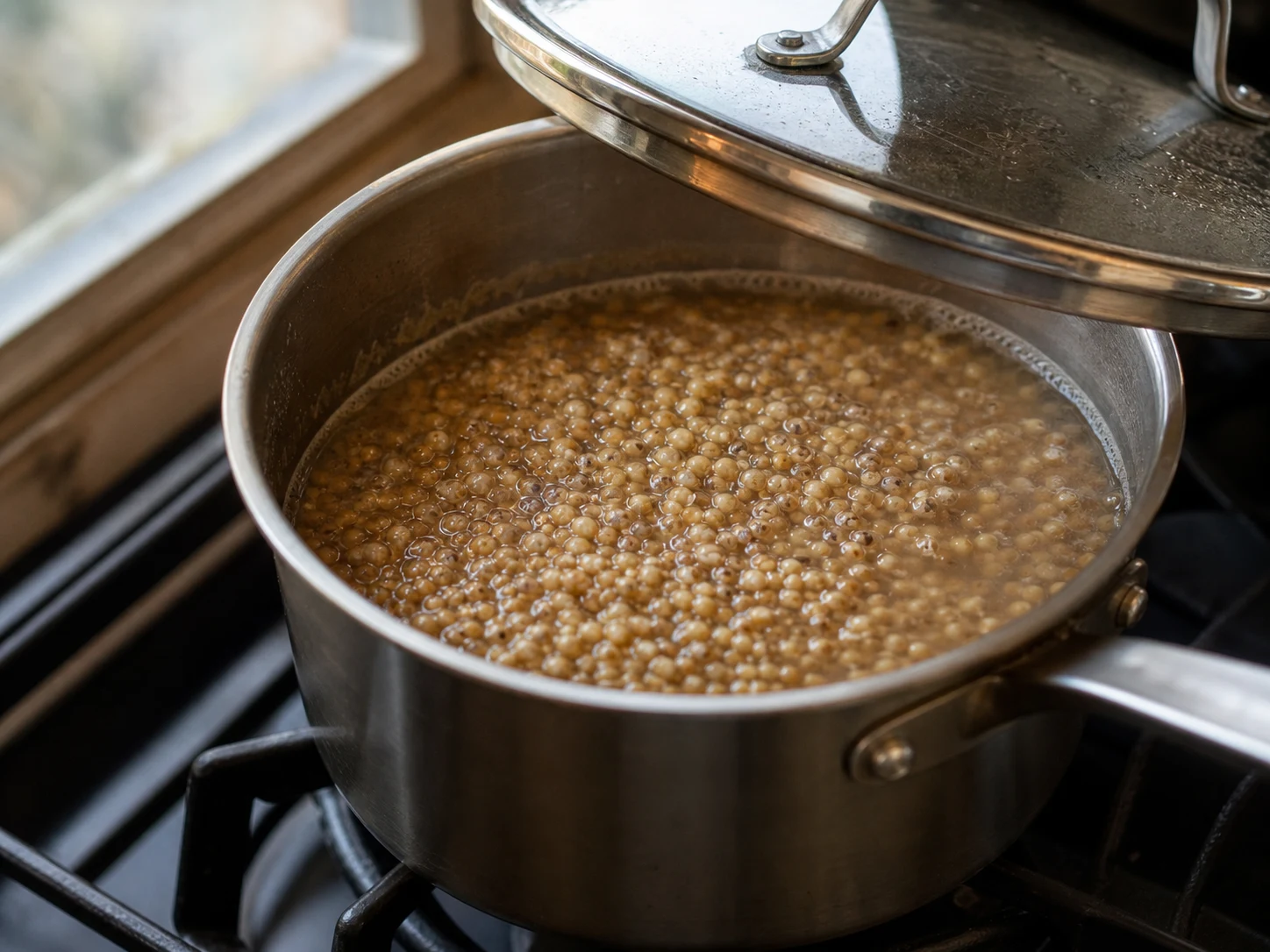 Graos macios de sorgo integral em uma panela, ainda distintos e mastigaveis, com pouquissimo liquido restante