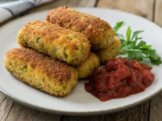 Linguiças Glamorgan douradas com chutney de tomate em um prato simples
