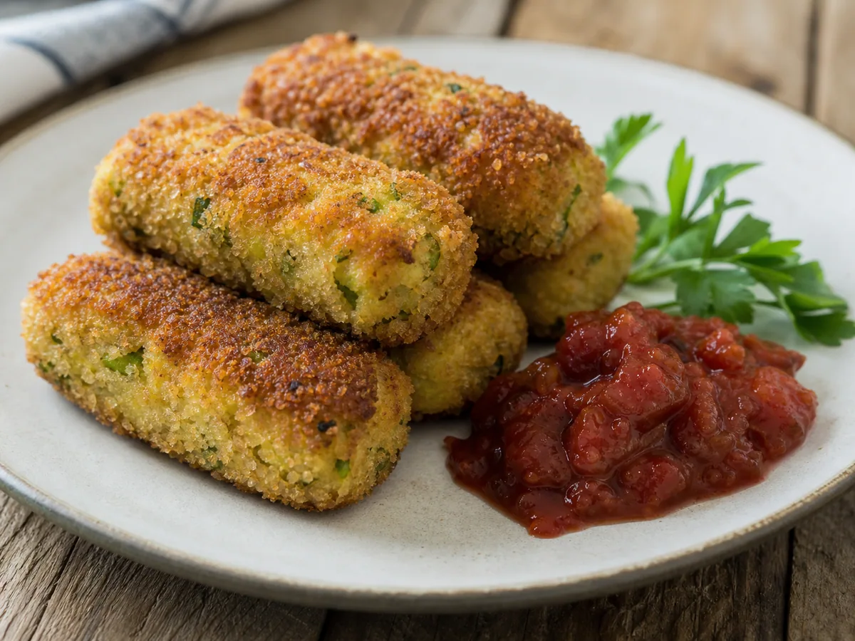 Linguiças Glamorgan douradas com chutney de tomate em um prato simples