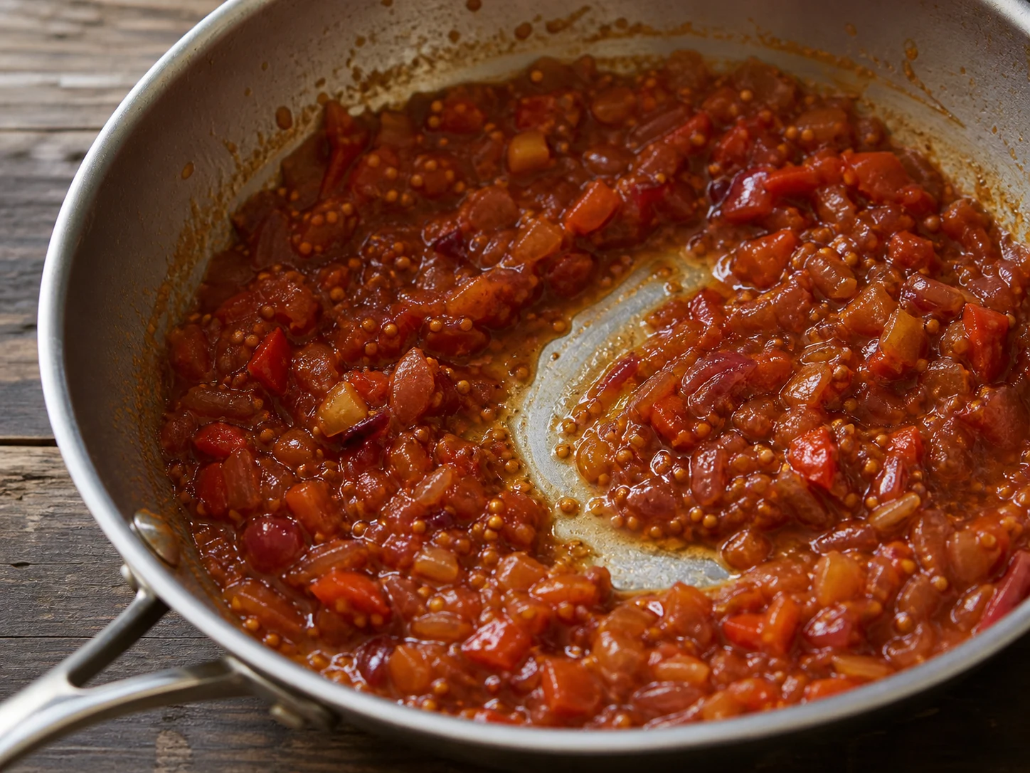 Chunky tomato chutney reduced until a spoon trail closes slowly