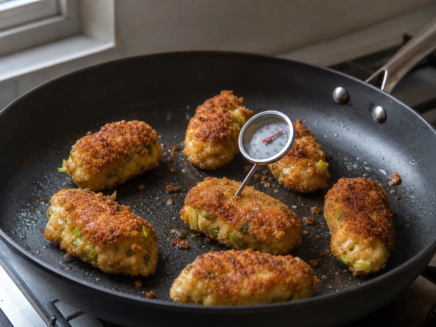 Fully cooked golden Glamorgan sausages turning in a skillet