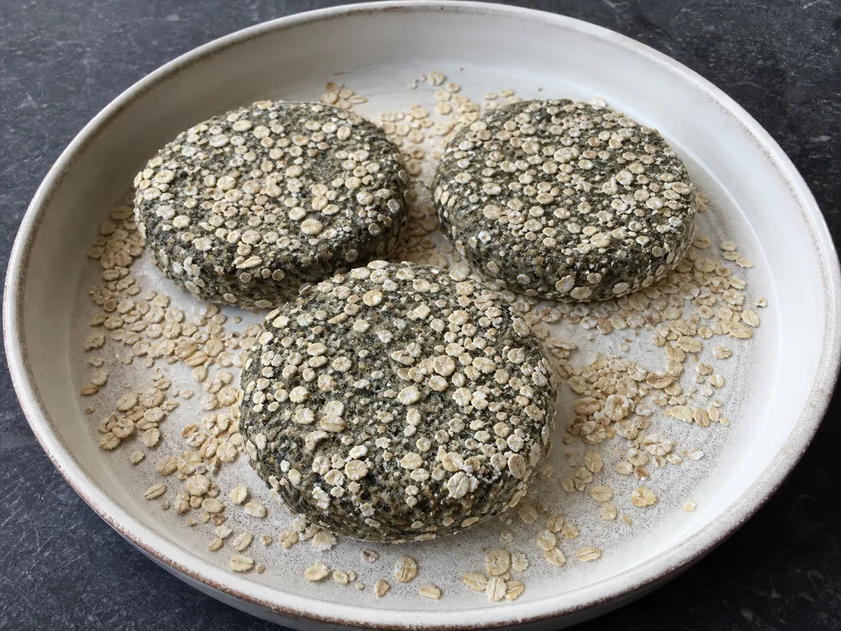 Bolinho galês de laverbread ainda cru, moldado em discos compactos e levemente empanado com aveia