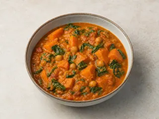 Bowl of peanut sweet potato stew with chickpeas, spinach, cilantro, and roasted peanuts