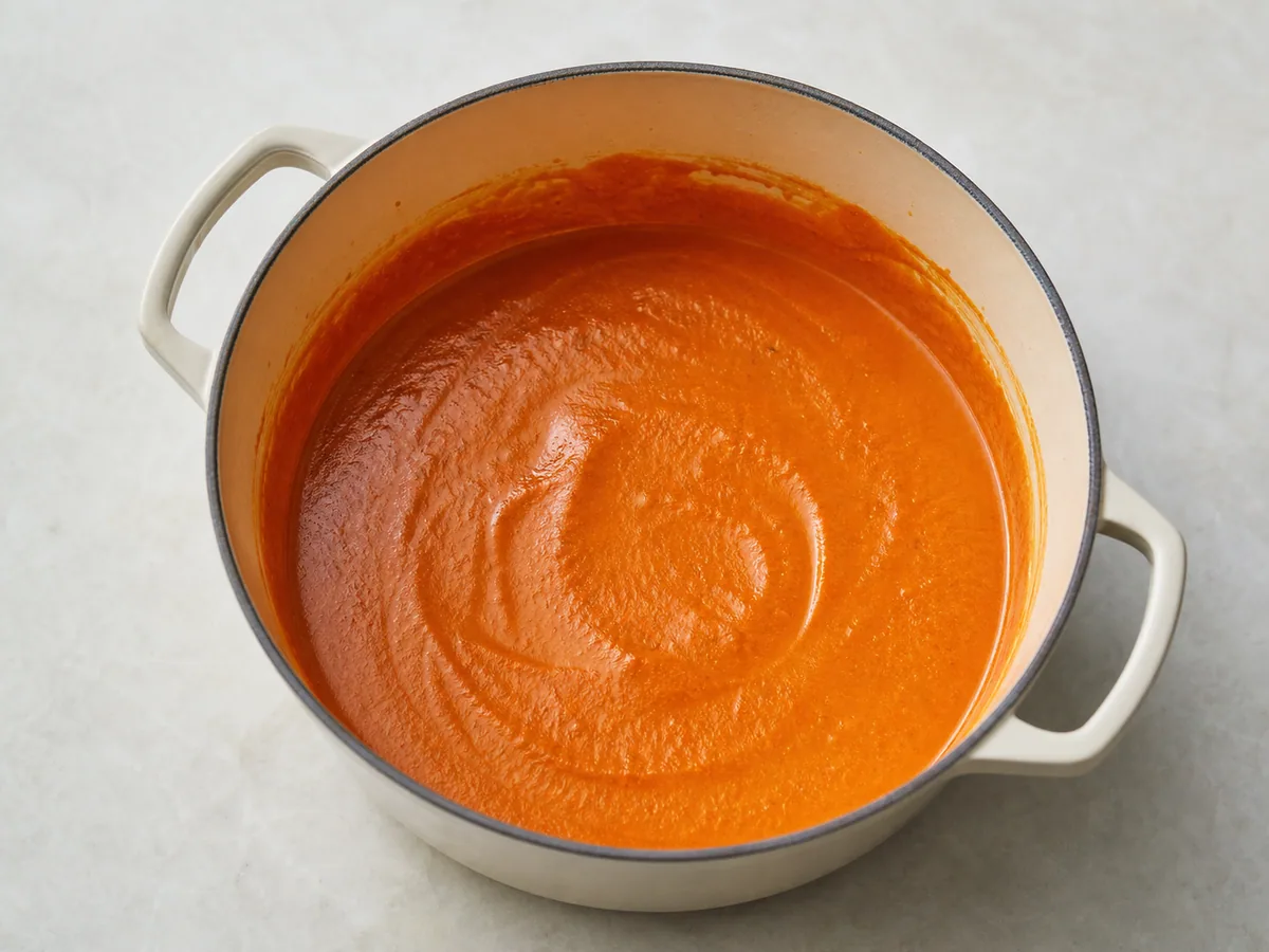 Molho liso de amendoim e tomate, sem manchas claras, em fervura branda