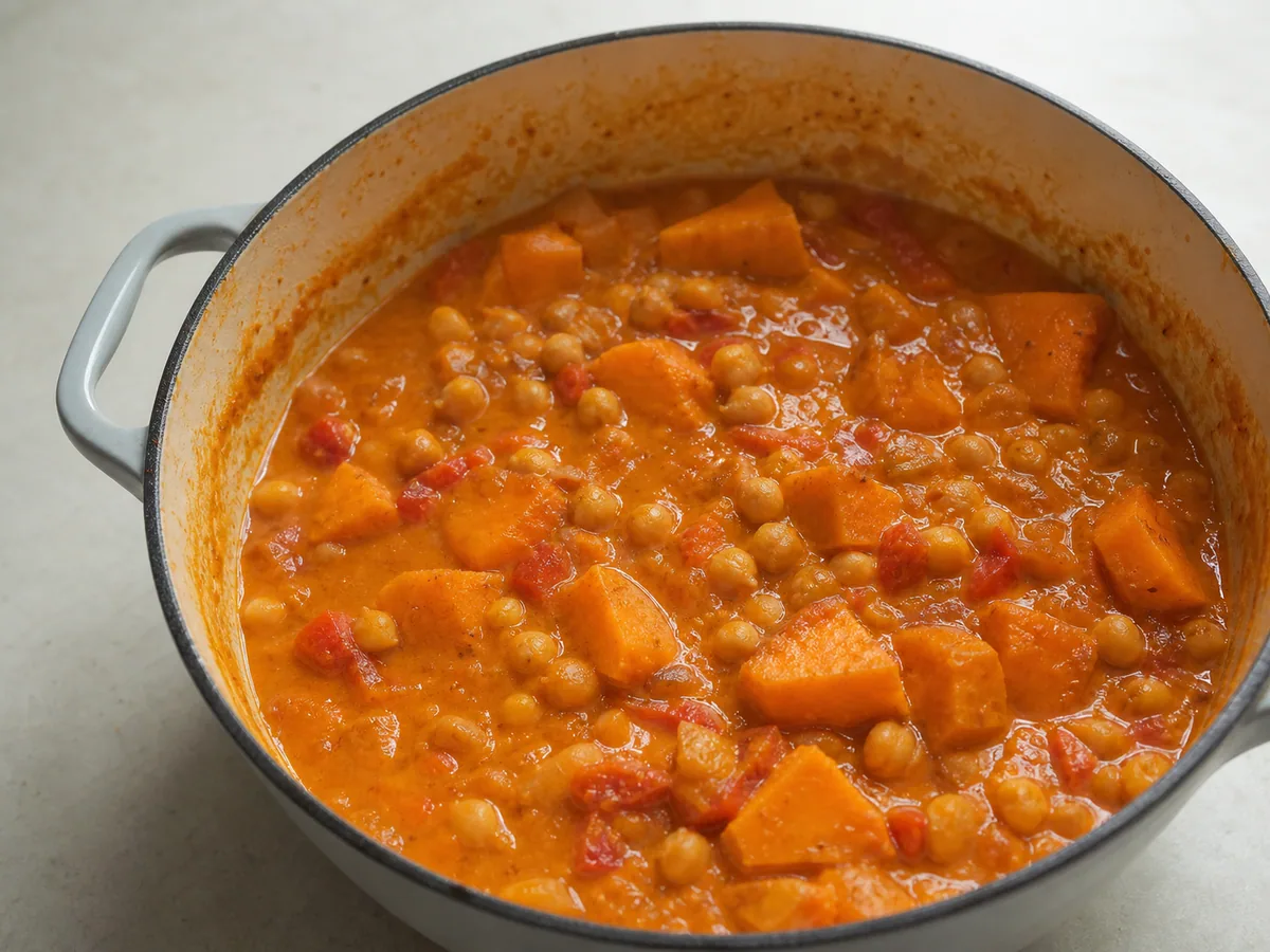 Cubos de batata-doce macios e grão-de-bico em ensopado espesso de amendoim e tomate