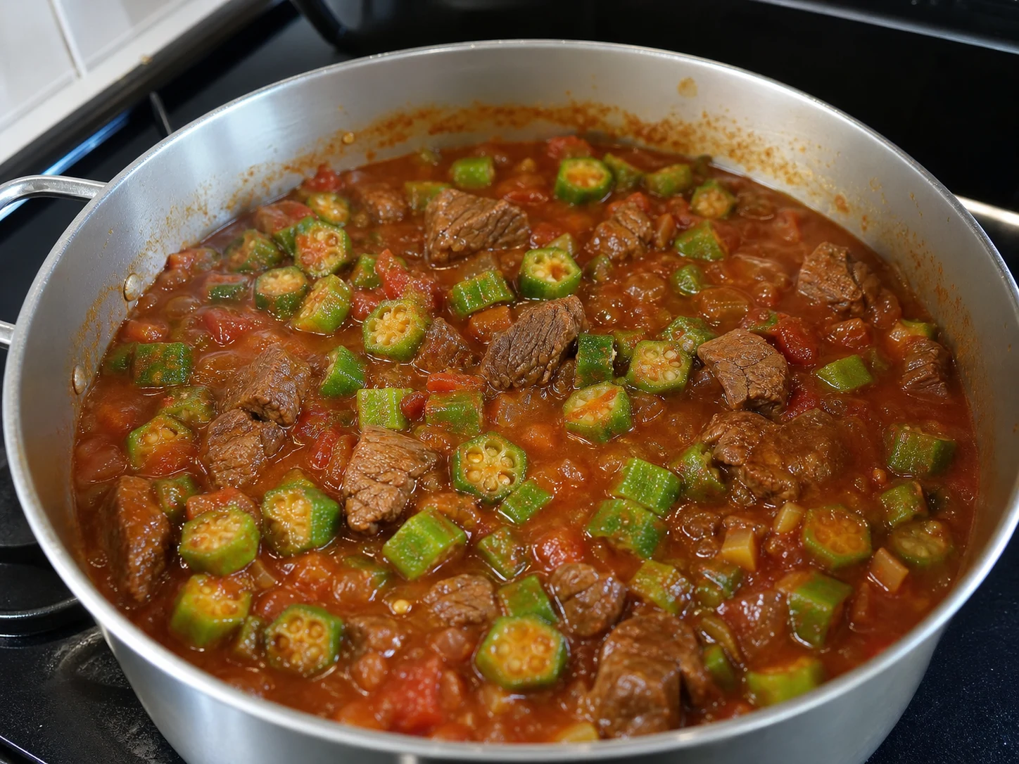 Fully cooked beef and green okra simmering in tomato gravy
