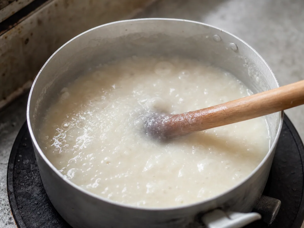 Smooth loose white-maize porridge bubbling before the final thickening stage