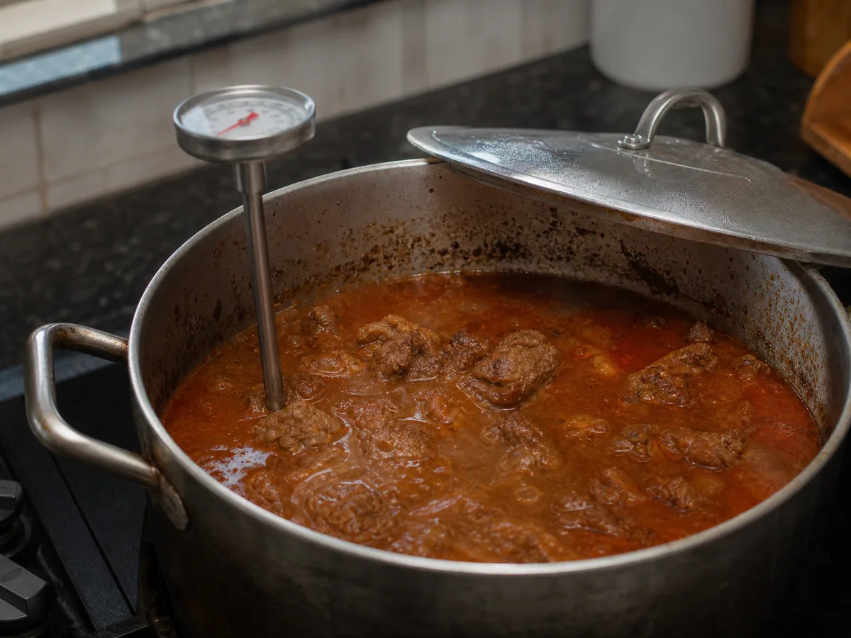 Fork-tender fully cooked beef simmering in tomato gravy before the okra is added